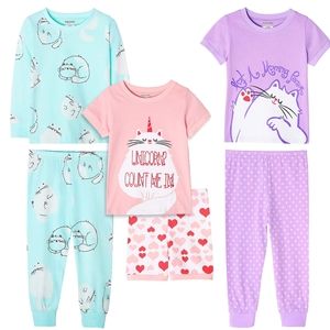 Vopawetty Girls' 6-Piece Snug-Fit Cotton Pajama Set Sleepwear (Cat, 12)